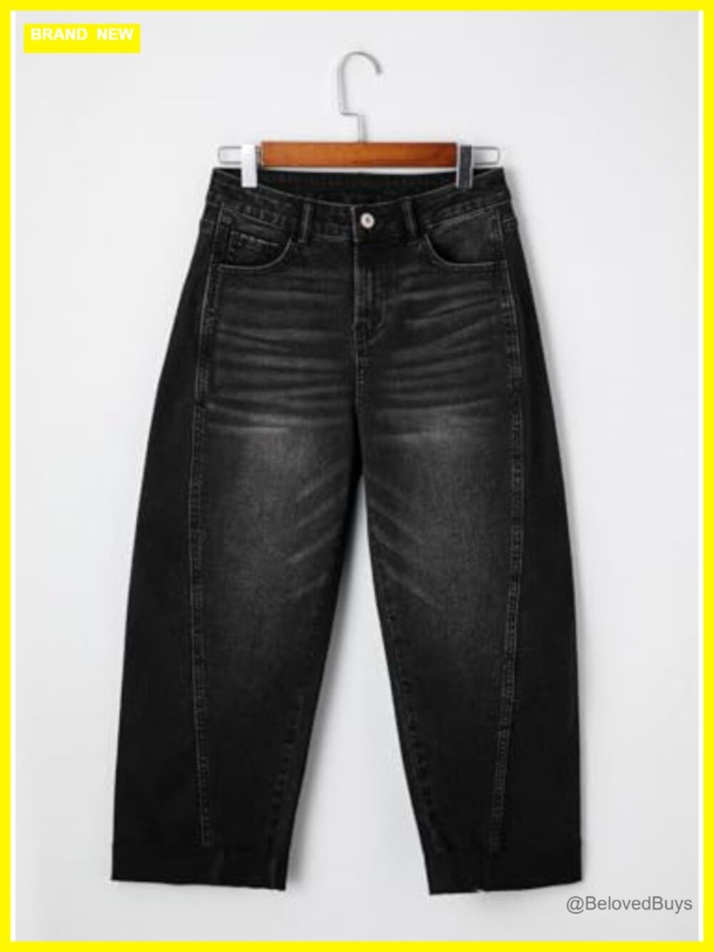 High Waisted Wide Leg Barrel Jeans Raw Rolled Hem Cropped Ankle Denim Pants - Picture 4 of 6
